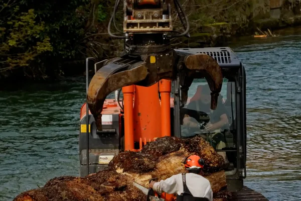 Pelle mécanique retirant un embâcle dans le lit d'une rivière
